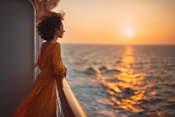 Elegant woman enjoys sunset view from balcony on a cruise ship over the ocean while the waves gently lap against the hull and the warm colors fill the sky
