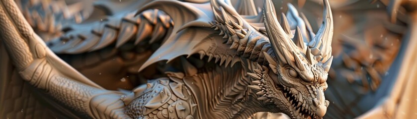 An intricate 3D model of a fantasy creature, such as a dragon or mythical beast, with detailed scales, horns, and wings