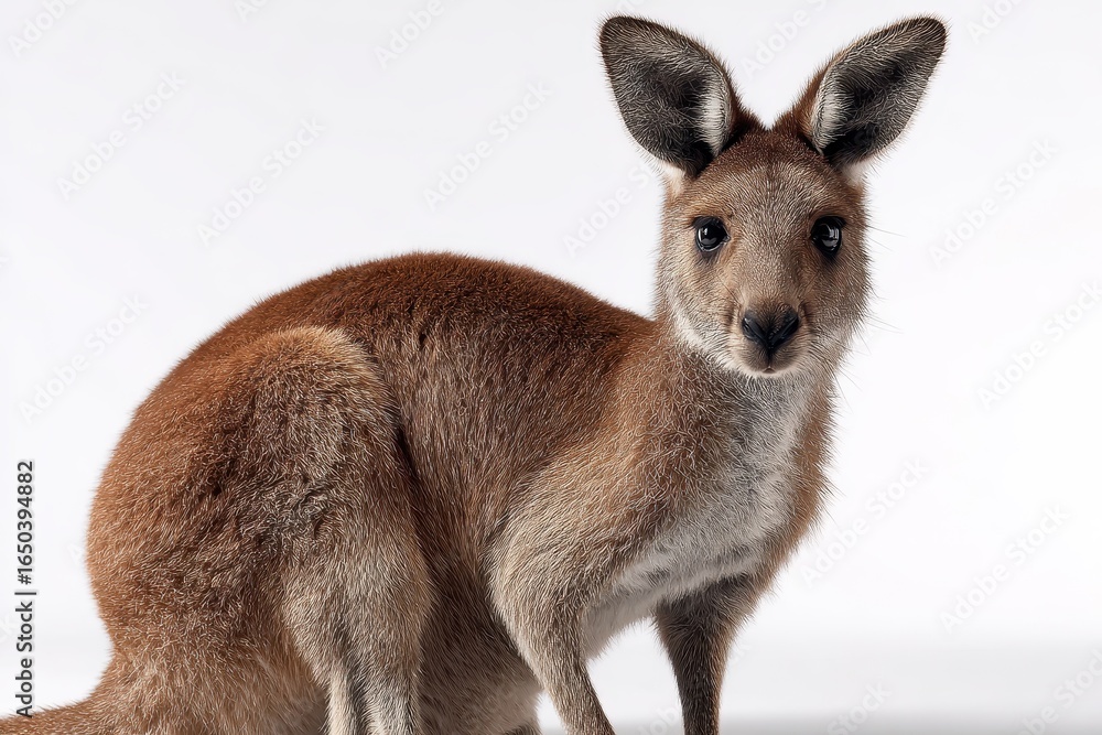 Poster kangaroo standing still on a plain white background showcasing its unique features, highlighting its