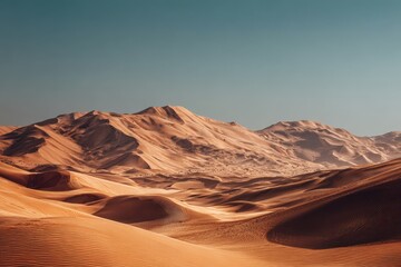 Naklejka premium Exploring the vast sand dunes and stunning landscapes of Rub al Khali Desert in Abu Dhabi during the golden hour