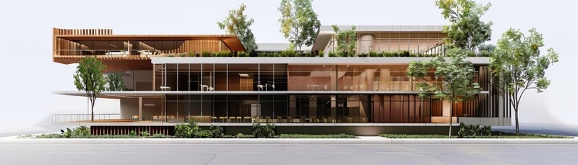 Architectural 3D model of a modern, sustainable office building with a green roof and energyefficient features
