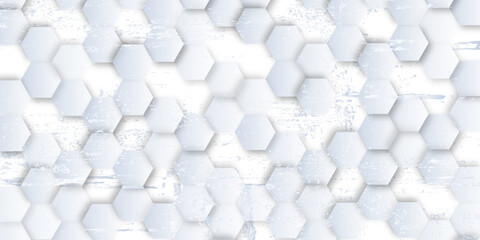 Pattern of hexagons with a distressed grunge-like texture appearing to be raised from the background behind the hexagons is also white but features a visible.