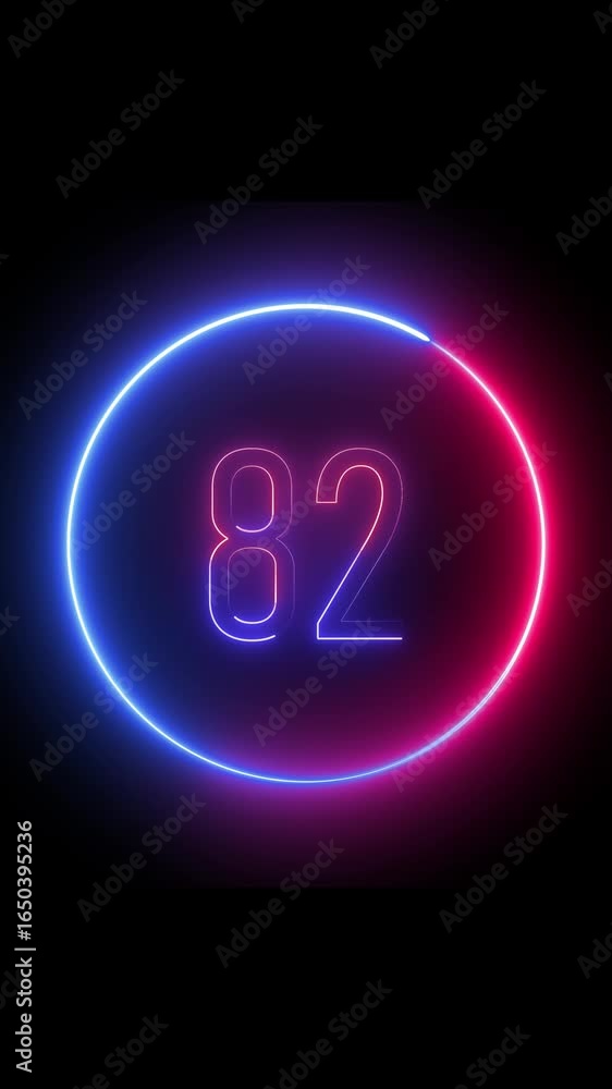 Aufkleber number eighty two glowing in neon circle. eye-catching vertical video.glowing neon number eighty two
