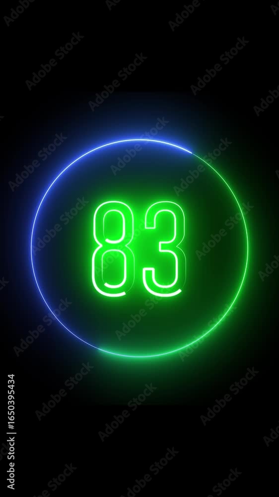 Poster bright neon circle surrounding number eighty three. glowing animation. vertical video. glowing neon 