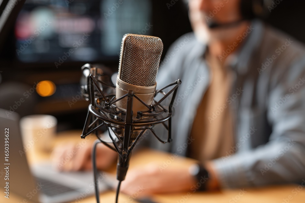 Poster man speaks into microphone during podcast recording in a studio setting with modern equipment in the