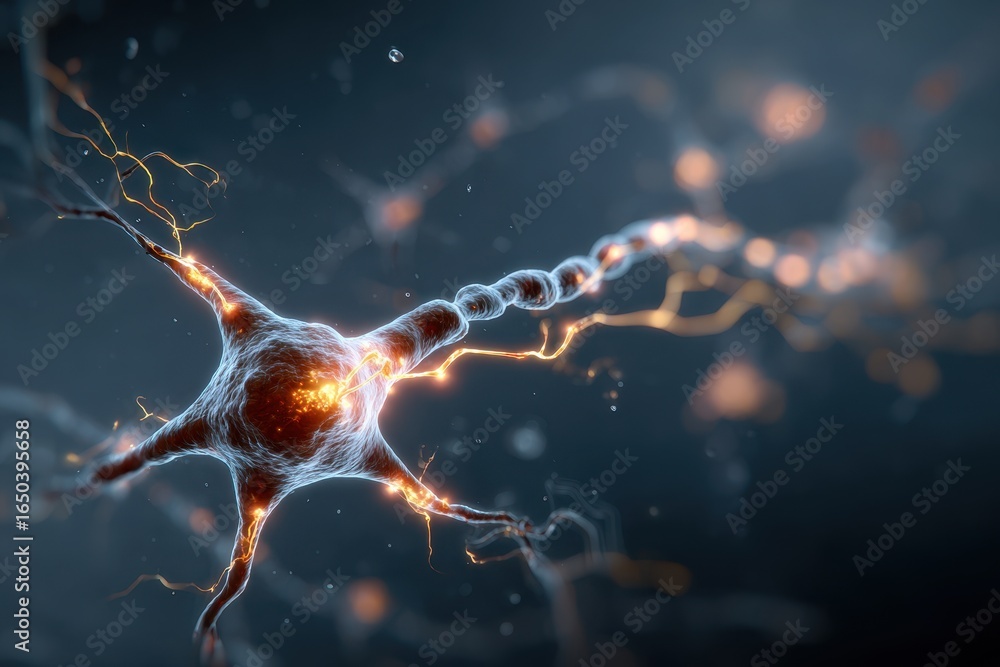 Poster close up view of a glowing neuron cell showcasing electrical activity and intricate structures in a 