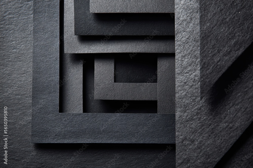 Poster geometric composition of layered black paper shapes arranged in squares and rectangles creates depth