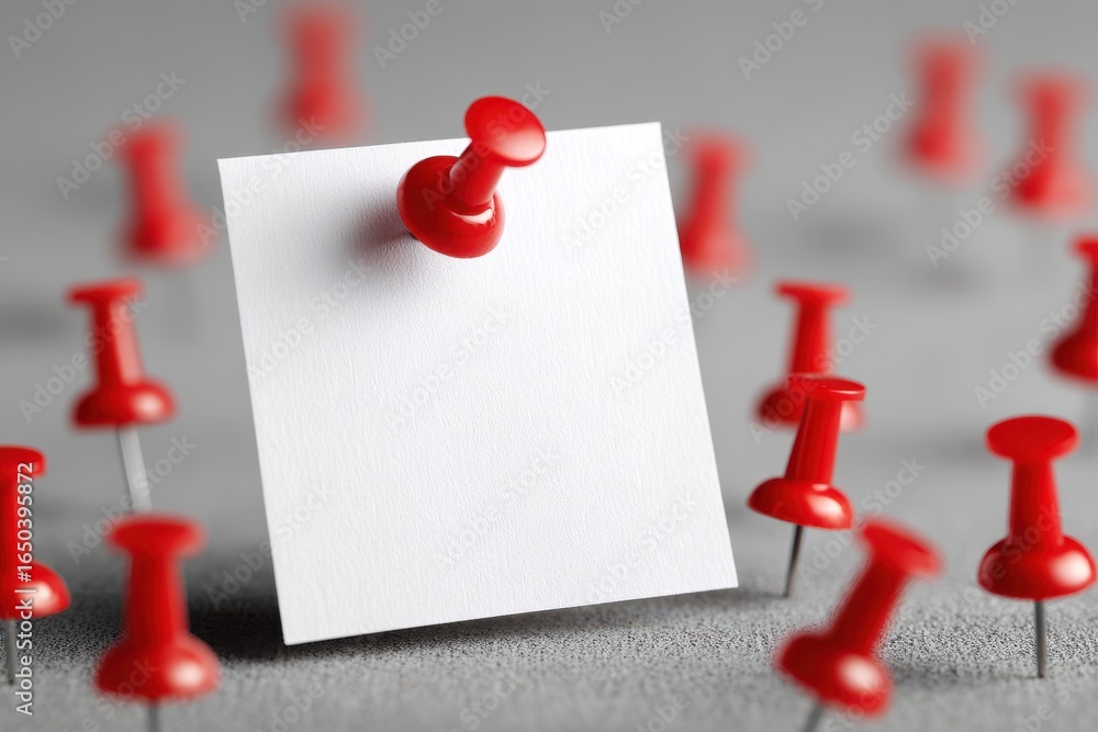 Poster red push pins securing a white note against a gray backdrop create an organized display for reminder