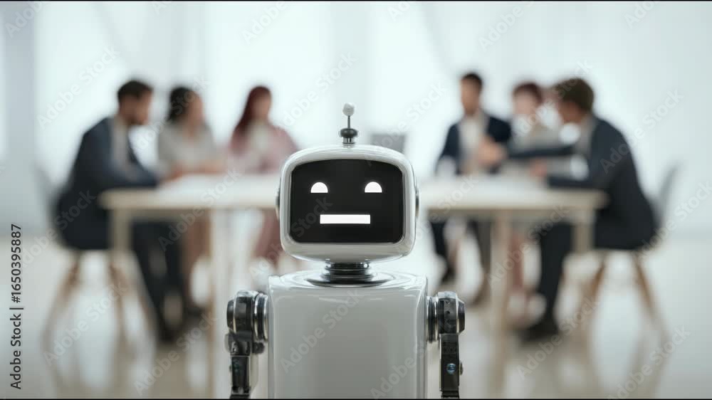 Poster insightful robot sitting at a table illustrating ai business consulting panel icon concept for strat
