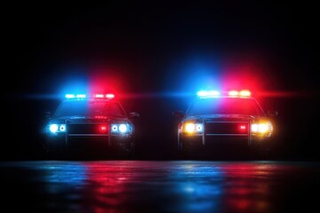 Red and blue emergency police car lights flashing intensely in a dark urban setting at night, highlighting the urgency of the situation with reflections on the pavement