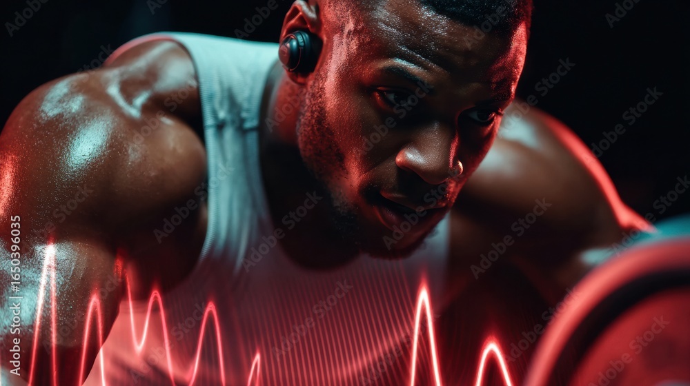 Aufkleber intense workout session showing a focused athlete training hard with a weight and monitoring perform