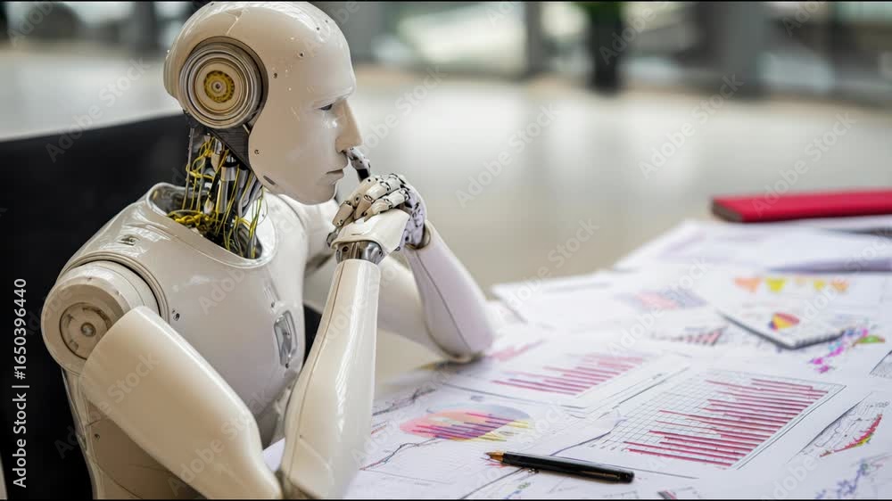 Poster robot sitting at a table representing ai executive assistant concept for business management and org