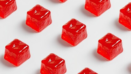 Red, square, jelly candies arranged in a grid pattern on a white background