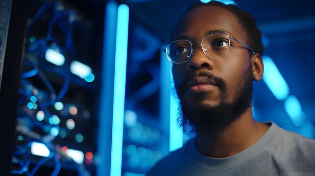 A technical specialist in glasses stands confidently before a server rack, representing expertise in technology.
