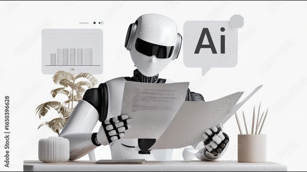 Poster robot working on a laptop illustrating ai executive assistant concept for futuristic technological s