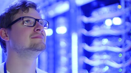 A technical specialist in glasses stands confidently before a server rack, representing expertise in technology.