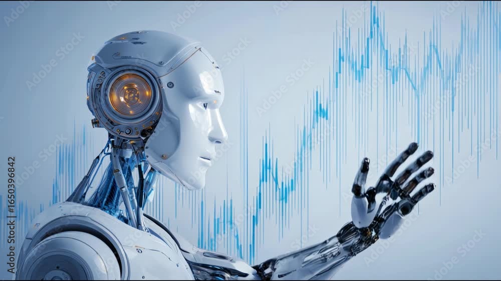 Poster robotic system with sound wave representation symbolizing ai market analyst concept for data analysi