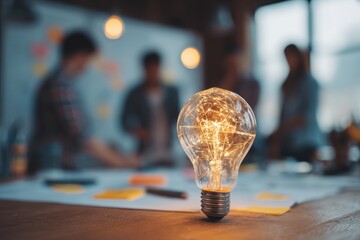 Creative brainstorming session highlighting innovative ideas with a glowing light bulb in an office environment during daylight hours