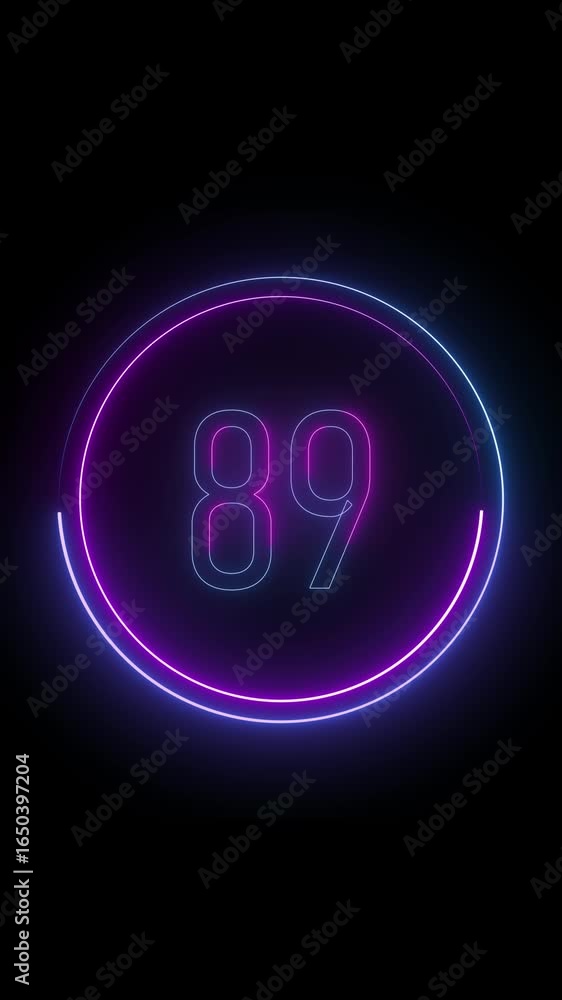 Poster number eighty nine in glowing neon circle. clean dark background. vertical video. glowing neon numbe