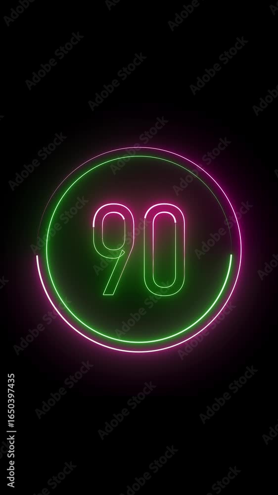 Aufkleber number ninety glowing with circular neon effect. minimal style. vertical video. neon style glowing n