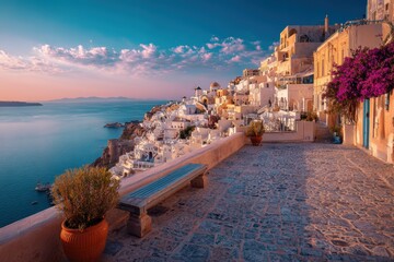 Stunning evening view capturing Santorini island with vibrant skies and charming white buildings along the cliffside coastline