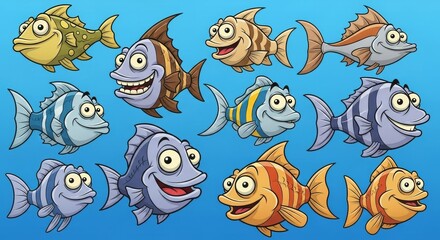 A School of Happy Cartoon Fish - Cheerful cartoon fish swimming, symbolizing joy, freedom, underwater life, vibrant colors, and aquatic fun
