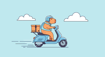 Cute capybara animal character riding a scooter with delivery box on blue sky background