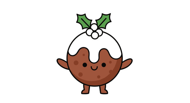 Adorable christmas pudding character illustration with festive holly and sweet frosting for holiday celebrations
