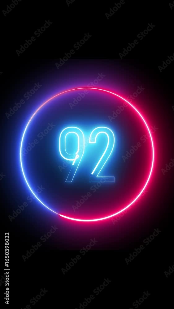 Aufkleber number ninety two glowing inside a circular neon frame. smooth animation. vertical video. glowing ne