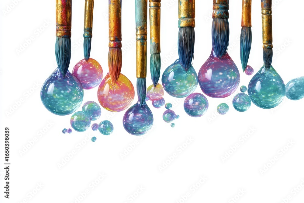 Poster vivid neon droplets suspended in the air, hovering above an array of paintbrushes creating a colorfu