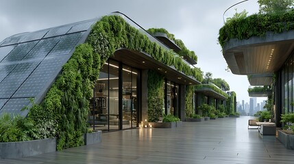 Eco friendly rooftop garden with vertical farming system and solar energy panels, futuristic sustainable cityscape concept with open clear sky for green marketing campaign design.