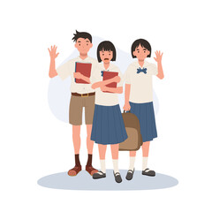 group of asian high school students in uniforms waving smiling and holding books student friendship and youth lifestyle