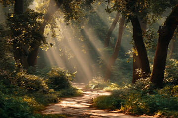 Realistic photo of a peaceful forest path with golden sun rays piercing through tall trees, symbolizing mindfulness, inner clarity, peace, emotional healing,nature photography