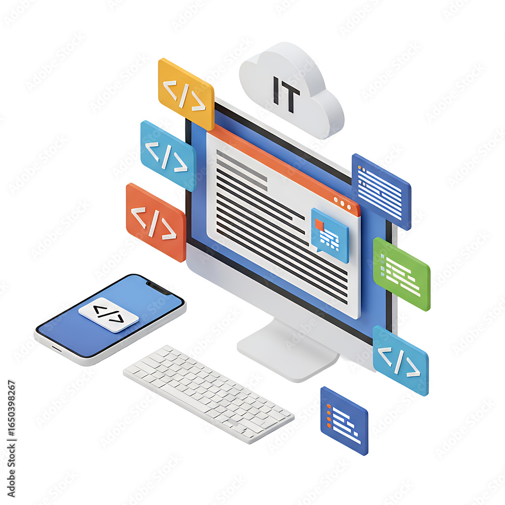 Poster cutting-edge it infrastructure showcasing seamless code development across desktop and mobile platfo