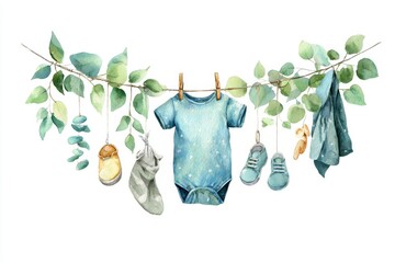 Beautiful watercolor illustration of baby clothing hanging on a branch surrounded by delicate leaves in a serene, whimsical setting