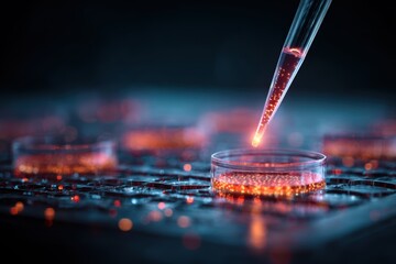 Scientific breakthrough concept showcases glowing bio samples under a microscope in a laboratory setting