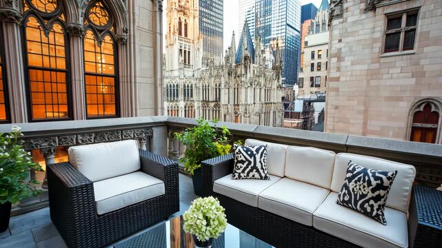 Stylish rooftop terrace with cushioned seating and cityscape view, featuring gothic architectural elements and modern urban design
