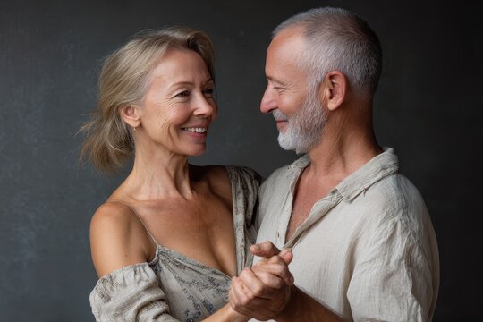 Happy senior couple shares a joyful dance together in a cozy studio setting, celebrating life and love during an intimate moment