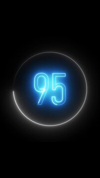 Glowing neon ring featuring number ninety five. Eye-catching loop. Vertical video. Glowing neon number ninety five displayed inside a bright purple circle against black background.