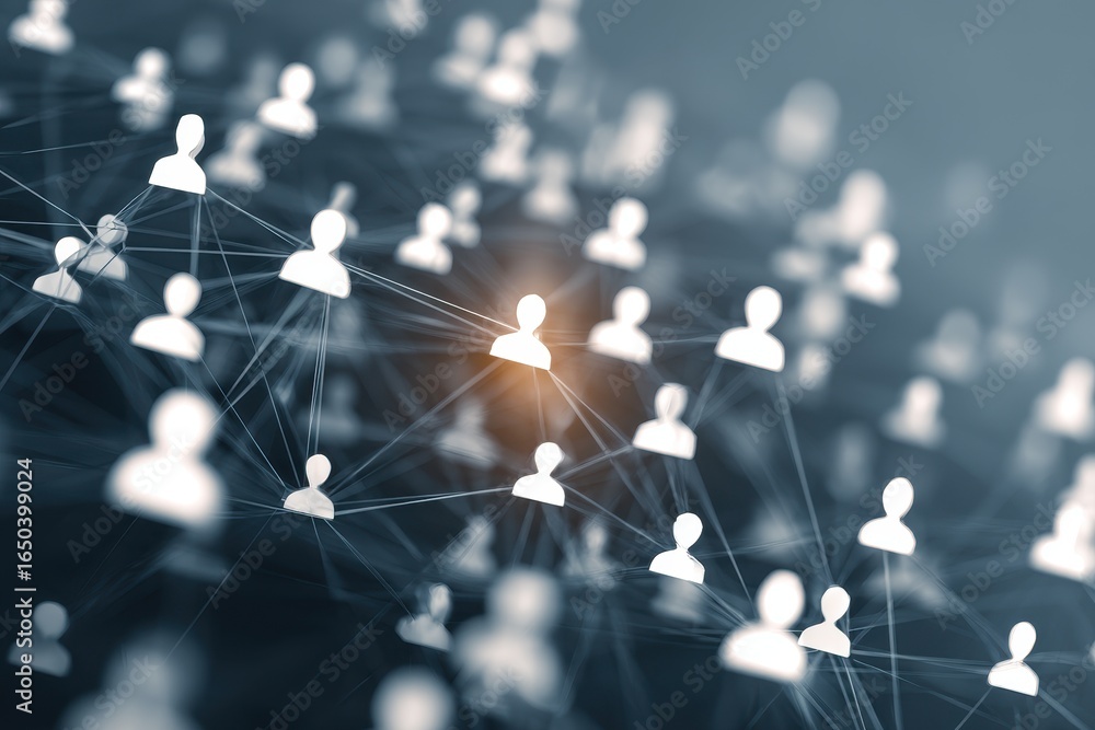 Poster network of user icons representing identity and access management roles in a digital landscape of co