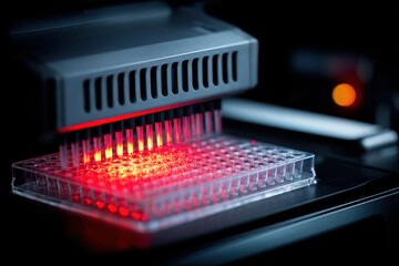 Microplate reader actively scanning an immunosorbent assay plate in a laboratory setting to analyze samples and obtain quantitative data
