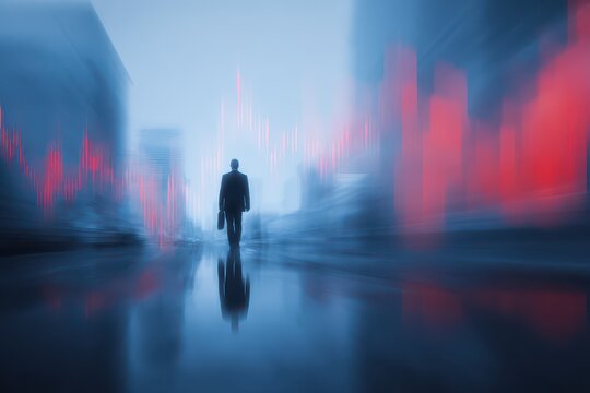 Businessman walking towards an abstract cityscape with financial data projections in a blurred urban environment during twilight