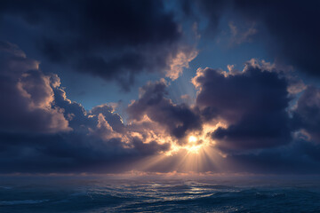 sunrise over calm ocean breaking through dark clouds,new beginnings, with vivid colors, dramatic light