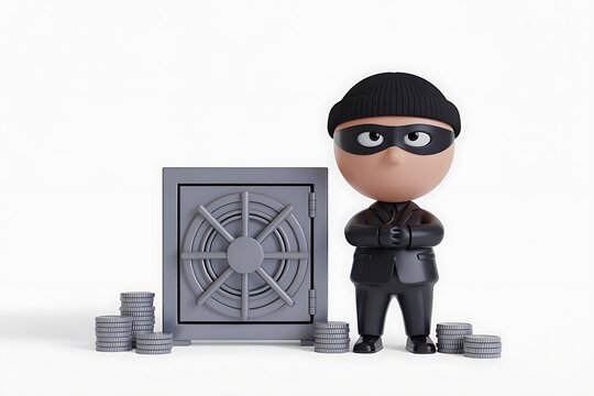 Cartoon Bank Robber Thief Character Planning to Steal Money Standing Next to a Safe Ready to Execute a Financial Heist