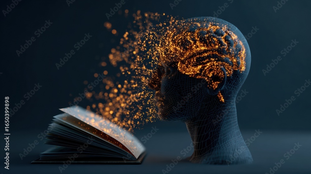 Poster concept of knowledge and creativity represented through a human head merging with an open book and s