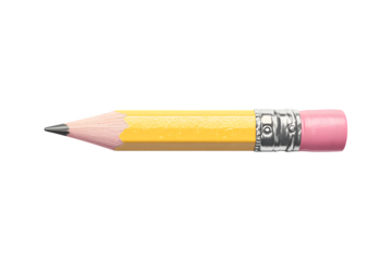 Bright yellow pencil with graphite tip and pink eraser, featuring a metal ferrule and wooden shaft