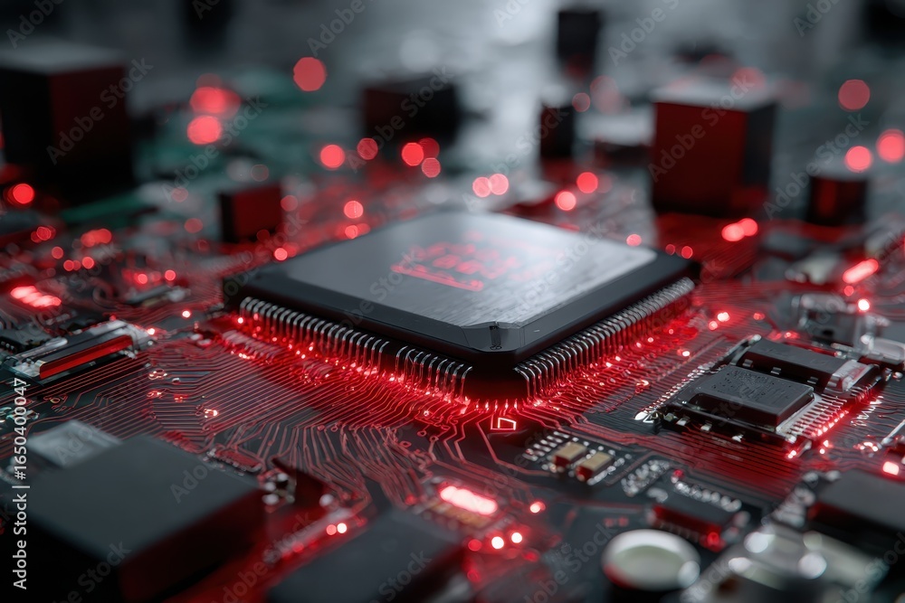 Poster futuristic circuit board illuminated by vibrant red lights showcases advanced technology and intrica