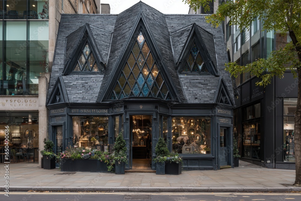 Poster slate popup emporium features a unique diamond-shaped architectural design in an urban setting, invi