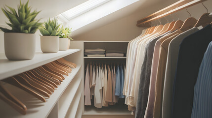 Organized Attic Closet with Clothing and Decorative Plants