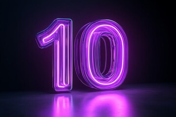 Text 10 in purple neon light, black background, glowing 